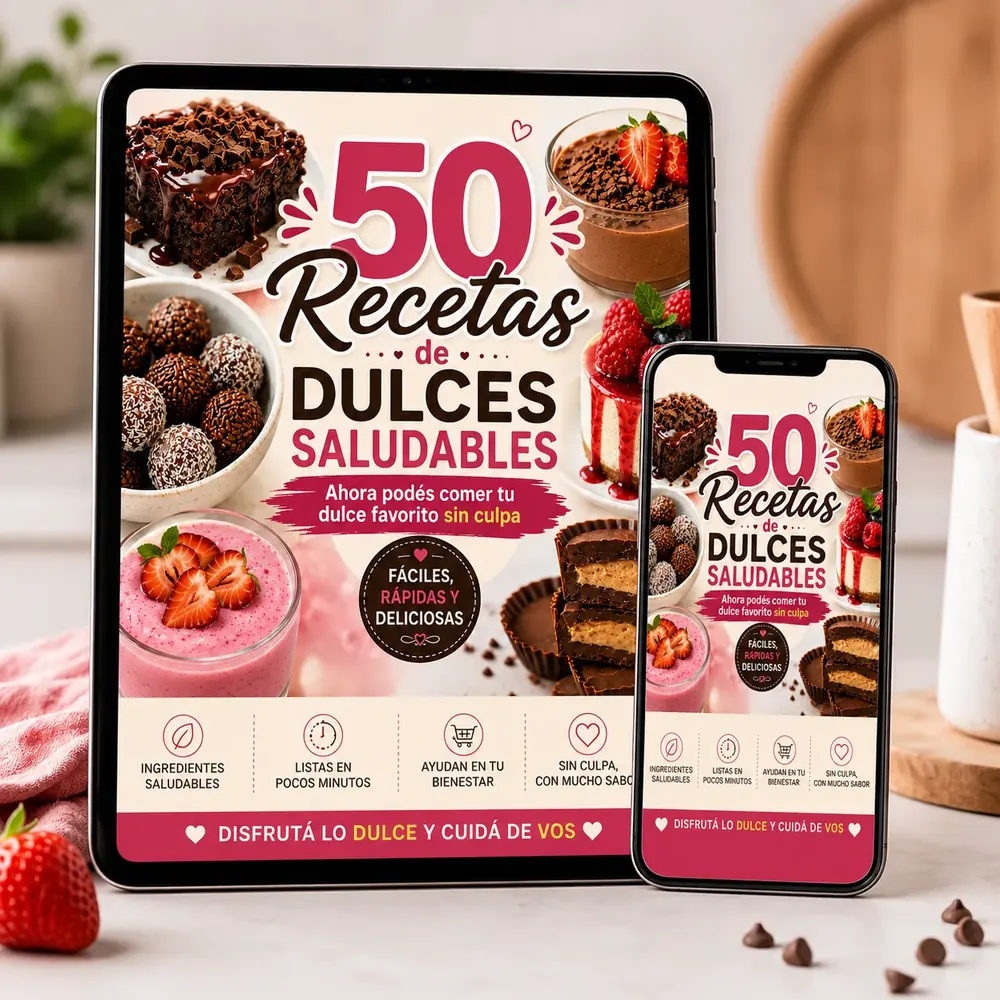Guía Dulce Fit 50 Recetas - Mockup del ebook en tablet y celular